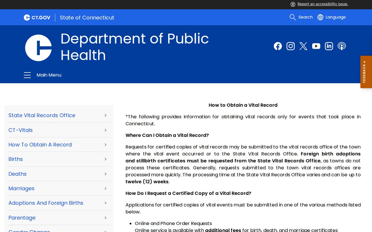 Naugatuck resident lookup Connecticut DPH record request instructions